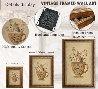 Vintage Gold Framed Mouse Wall Art, Rat in Floral Teacup Canvas Print, Cottagecore Whimsical Animal Picture Wall Decor, Antique Rustic Farmhouse Poster Artwork for Nursery Bedroom Living Room
