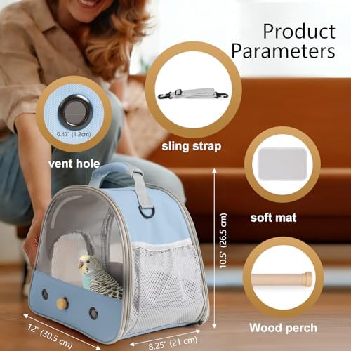 Bird Carrier, Portable Small Bird Parrot Parakeet Carrier with Standing Perch and Soft Mat, Side Access Window Collapsible (Blue, Clear Windows)