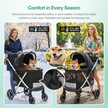 JWX Dog Stroller for Medium Dogs, 77 lb Capacity, One-Hand Fold, Black