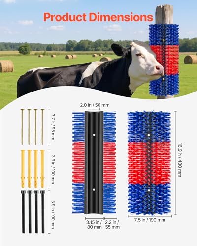 VEVOR Livestock Scratching Brush, 3PCS Goat Scratcher Brush Post with 12 Screws, 16.9" x 7.5" Cow Scratcher for Back Itch Relief, Massage Grooming Scratch Tool for Horse Cattle Sheep Pig, Blue & Red
