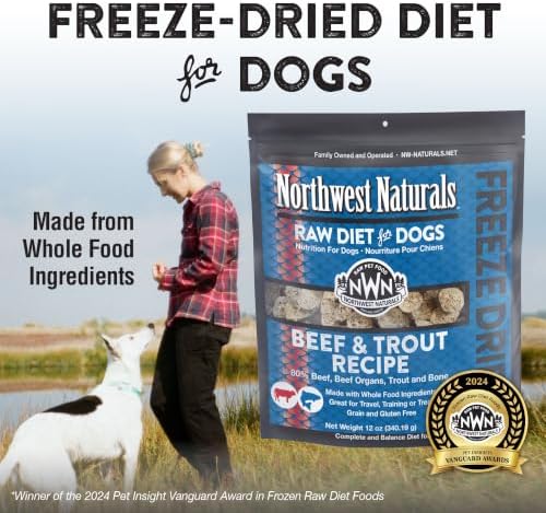 Northwest Naturals Freeze-Dried Beef & Trout Dog Food - Bite-Sized Nuggets - Grain-Free, High-Protein, Raw Diet, Human-Grade Ingredients, All Natural, Omega-3 for Skin & Coat, Made in USA, 12 Oz