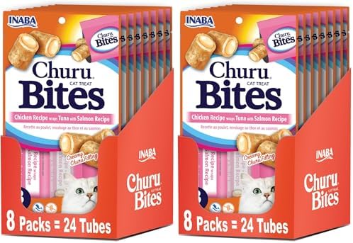 INABA Churu Bites for Cats, Soft/Chewy Baked Chicken Wrapped Churu Filled Cat Treats with Vitamin E, 0.35 Ounces per Tube, (3 Tubes per Pack), Tuna with Salmon Recipe, (Pack of 48)