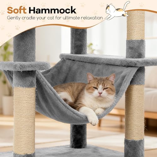 DORTALA 75" Tall Modern Cat Tree, Multi-Level Cat Tower with Large Condos, Sisal Scratching Posts, Top Perch, Hammock, Dangling Balls, Kitten Beds & Climbing Furniture for Indoor Cats (Light Grey)