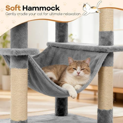 DORTALA 75" Tall Modern Cat Tree, Multi-Level Cat Tower with Large Condos, Sisal Scratching Posts, Top Perch, Hammock, Dangling Balls, Kitten Beds & Climbing Furniture for Indoor Cats (Light Grey)