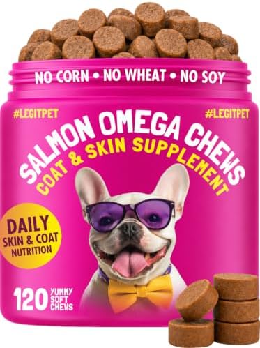 Omega 3 Alaskan Salmon Oil Treats for Dogs 120 Fish Oil Chew Supplement Skin and Coat Allergy and Itch Relief Hip & Joint Health Brain Shedding Hot Spots Treatment Omega 3 6 9 EPA & DHA Fatty Acids