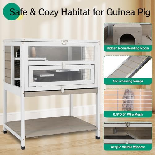 PetsCosset Guinea Pig Cages Hamster Cage Indoor with Stand Storage Wooden Outdoor Small Animals Habitat with Hideout House Pull Out Tray