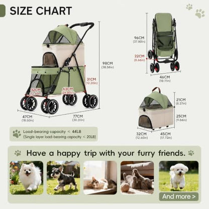 YYW Double Pet Stroller Foldable 2 Carriages Lockable Wheels Green Beige
