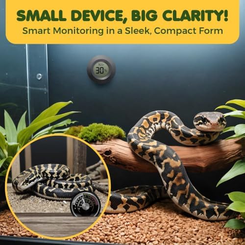 SunGrow Reptile Thermometer with Hygrometer with Digital Display, Accurate Temperature, Humidity Gauge for Snake and Lizard Tanks, Round Clear LCD, Black, 1.8”x1.8”x0.6”