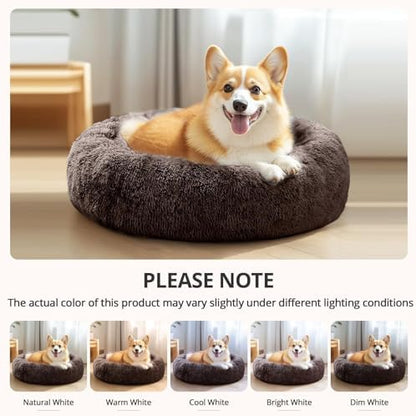 JOLLYVOGUE Calming Dog Beds Large Sized Dog, 36in Donut Washable Large Pet Bed, Anti-Slip & Anti-Anxiety Fluffy Faux Fur Round Dogs Bed, Fits up to 80 lbs Pets （Chocolate）