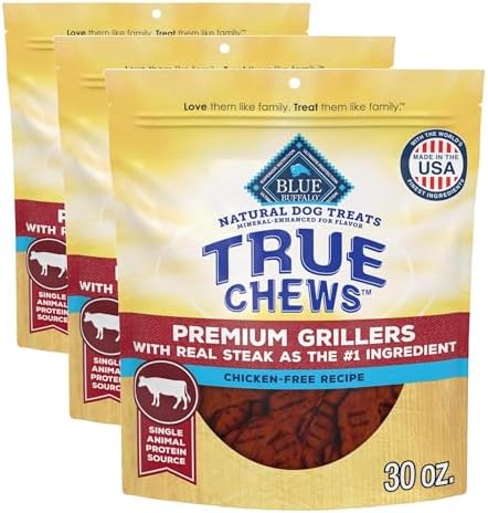 Blue Buffalo True Chews Premium Grillers Dog Treats, Made in the USA with Natural Ingredients, Steak, 30-oz. Bag (Pack of 3)