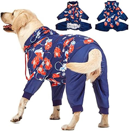 LovinPet Big Dogs Jammies, Dog Bodysuit, Floral Navy & Red Print, 2XL