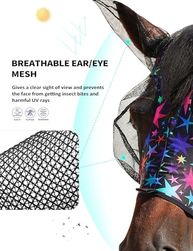 Harrison Howard Stretch Fly Mask with Forelock Opening and Patterns Comfortable Breathable Snug Fitting Horse Fly Mask Luminous Stars L