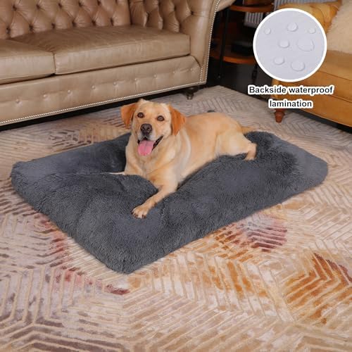 Bedfolks Waterproof Dog Crate Bed, Plush Dog Pad, 47"x29", Solid Dark Grey