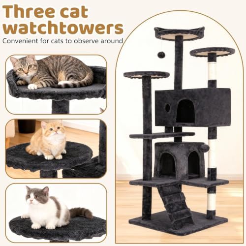 BestOffice 54" Cat Tree with Toy, Multi-Level Cat Tower Indoor Dark Gray