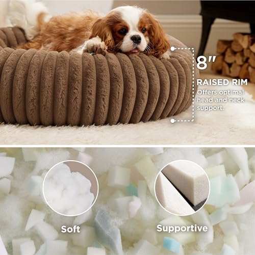 Bedsure ComfyFleece™ Donut Medium Dog Bed - Washable Faux Fur with Corduroy Fleece & Anti Slip Bottom, Round Pet Bed with Removable Cover, Camel Brown, 30x30x8 inches