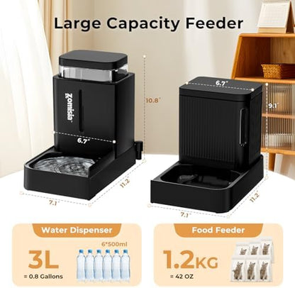 ZOMISIA Gravity Cat Feeder and Water Dispenser, 0.8 Gallon x 2, White