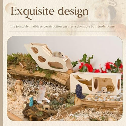 Seenelling 2 Pcs Hamster Hideout Set, Wood Climbing Ladder House and Tunnel
