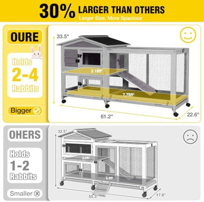 Aivituvin Rabbit Hutch Outdoor Indoor Rabbit Cage Chikcen Coop with Casters Guinea Pig Cage with 3 Deep No Leakage Pull Out Tray,Waterproof Roof