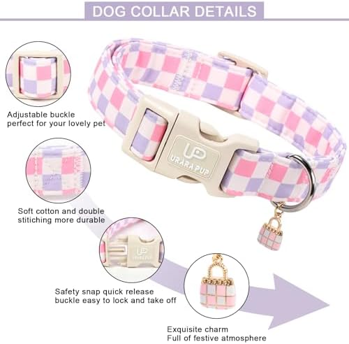 Cute Plaid Cotton Dog Collar, Pink Purple Checkered Dog Collar, Soft Adjustable Puppy Collars with Charm & Quick Release Buckle for Small Medium Large Dogs