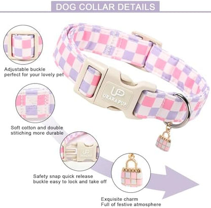 Cute Plaid Cotton Dog Collar, Pink Purple Checkered Dog Collar, Soft Adjustable Puppy Collars with Charm & Quick Release Buckle for Small Medium Large Dogs