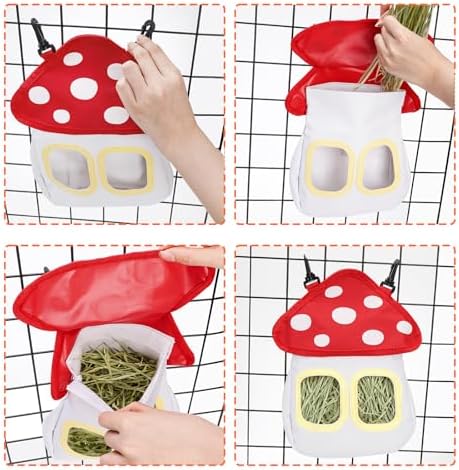 Eorbow Bunny Hay Feeder Bag, Cute Mushroom Hanging Hay Holder, Durable Hay Dispenser with 600D Oxford Fabric for Guinea Pigs Chinchillas Hamster, Small Animal Cage Accessories