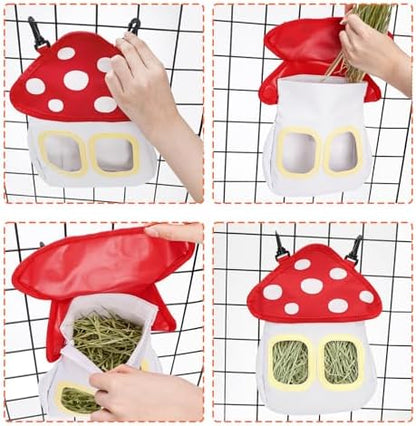 Eorbow Bunny Hay Feeder Bag, Cute Mushroom Hanging Hay Holder, Durable Hay Dispenser with 600D Oxford Fabric for Guinea Pigs Chinchillas Hamster, Small Animal Cage Accessories