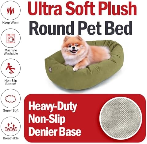 Majestic Pet Suede Shredded Memory Foam Mix Calming Dog Bed Washable - Cozy Soft Round Dog Bed with Spine for Head Support - Fluffy Donut Dog Bed, 24 Inch, Sage