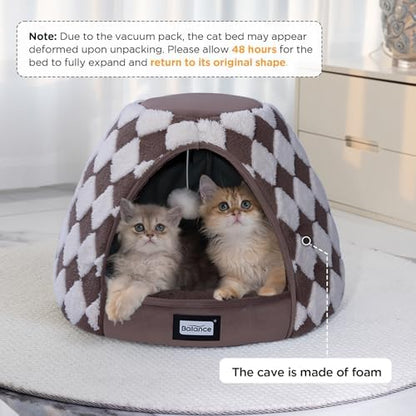 BALANCE Cat Beds for Indoor Cats, 2-in-1 Cat Bed Cave with Anti-Slip Bottom and Ultra-Soft Plush, Cozy Cats House Tent for Kittens and Small Dogs, 21 Inches, Dark Brown
