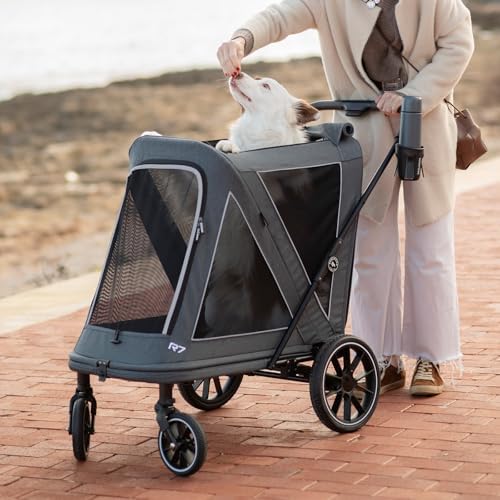 Beberoad Pet Stroller for Medium Dogs, Dog Stroller One-Second Fold, R7 All-Terrain with ER Tires, Mesh Dual-Window, Full Disassembly&Washable Waterproof Oxford Fiber