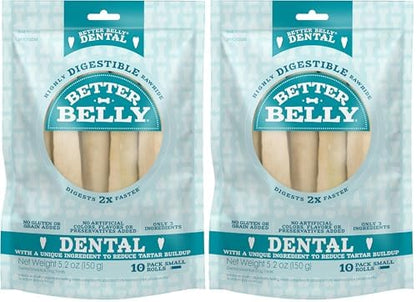 Better Belly Highly Digestible Rawhide Dental Chews, Treat Your Dog to a Chew with NO Artificial Colors or Flavors, 10 Count (Pack of 2)