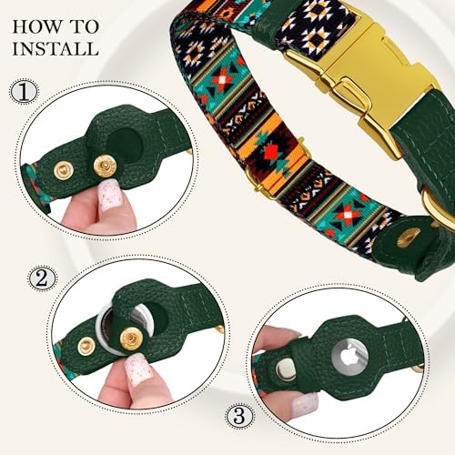 AirTag Dog Collar for Small Medium Large Breed - Adjustable Cute Pattern Dog Collar with Airtag Holder - Soft Leather Tracker GPS Apple Air Tag Pet Collars (X-Small, 9"-12" Neck Fit, Tribal)