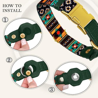 AirTag Dog Collar for Small Medium Large Breed - Adjustable Cute Pattern Dog Collar with Airtag Holder - Soft Leather Tracker GPS Apple Air Tag Pet Collars (X-Large, 20"-25" Neck Fit, Tribal)