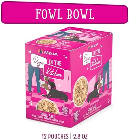 Weruva Dogs in the Kitchen, Fowl Ball with Chicken Breast & Turkey Au Jus Dog Food, 2.8oz Pouch (Pack of 12)