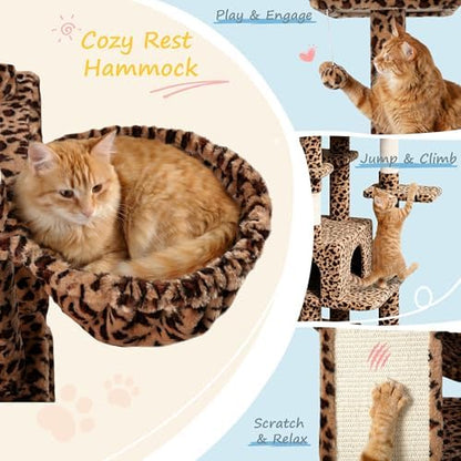 SHA CERLIN 82 inch, Multi-Level Cat Tree Tower for Indoor Cats, Cat Condo with Sisal Scratching Posts, Plush Perches, Hammocks, Toy Balls, Leopard Print