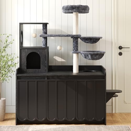 Cat Tree with Litter Box Enclosure, 50.6" Cat Tower & Condo, Black