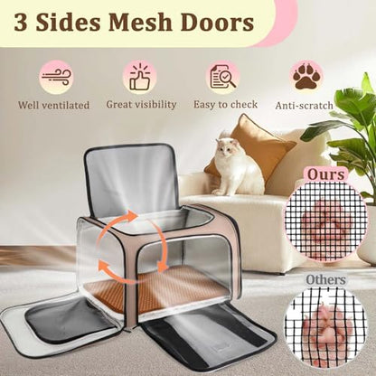 Cat Carrier - Cat Carrier Soft with Plush Pad & Cooling Mat, Easy-Load 4-Side Zipper & 3-Side Mesh Ventilation, Pet Carrier Airline Approved for Cats/Dogs Up to 16 lbs, Brown