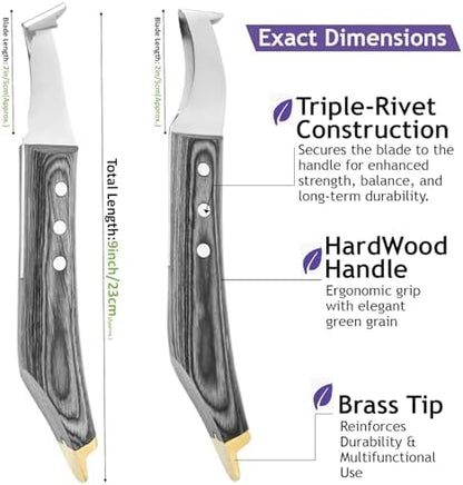 Premium Farrier Loop & Hoof Knife with Brass End – Professional Hoof Trimming Tool for Horses, Cows & Livestock, Stainless Steel Blade, Ergonomic Wood Handle (Black)