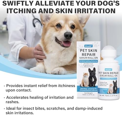 Dog Skin Repair Roll-On Serum – Natural Hot Spot & Red Spot Relief with Coconut Oil – Soothes Itchy, Dry & Irritated Skin, Supports Fur Regrowth – Lick-Safe, No-Rinse Pet Skin Care for Dogs & Cats