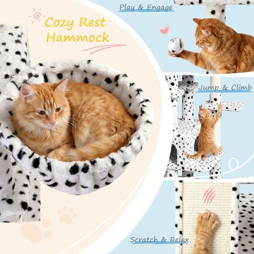 SHA CERLIN 82 inch, Multi-Level Cat Tree Tower for Indoor Cats, Cat Condo with Sisal Scratching Posts, Plush Perches, Hammocks, Toy Balls, White & Black Spot
