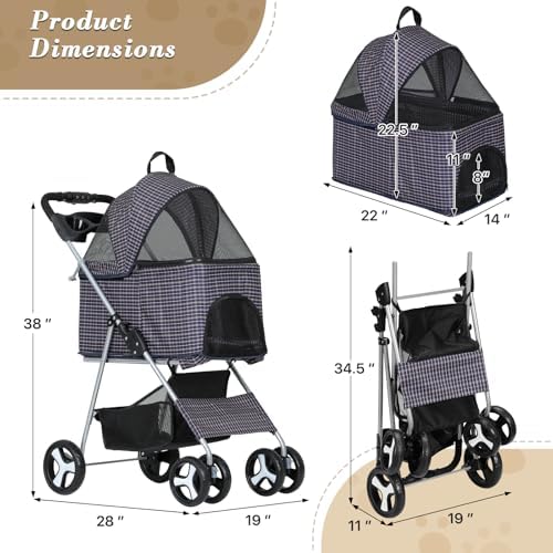 Athena collection Pet Stroller for Small/Medium Dogs and Cats,3 in 1 Foldable Dog Stroller with Removable Carrier up to 33lbs(Plaid)