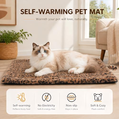 Self Warming Cat Pad for Cats and Small Dogs, Non Electric Thermal Pet Mat, Washable Soft Sleeping Mat with Non Slip Backing, Indoor & Sheltered Outdoor Use, 22 x 18 in, Brown/Black