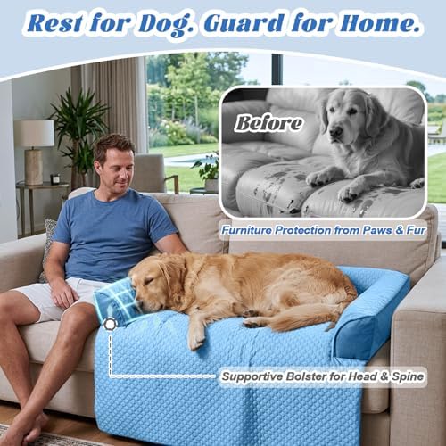 GGIB Cooling Dog Bed Mat with Bolster Pillow Washable Dog Couch Cover Breathable Summer Pet Couch Bed Protector Indoor(Medium, Cooling Blue)