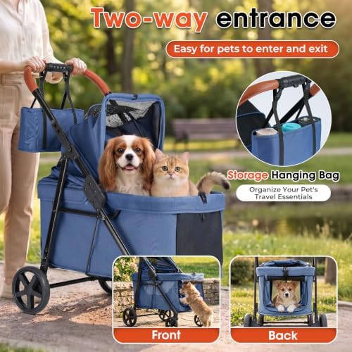 Foldable Pet Stroller Small Dogs Cats Up to 70 lb All-Terrain, Blue
