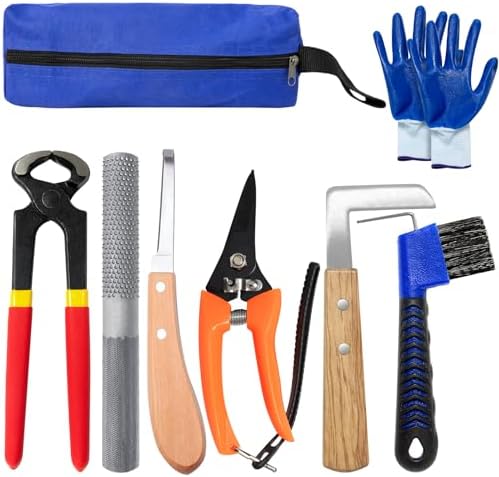 8 inch Farrier Tools Kit (8 Piece) Horse Goat Hoof Trimmers Carbon Steel Nippers Shears Nail Clipper, Mini Rasp, Hoof Trimming Cutter Knife, File for Pig Sheep Donkey Equine Supplies With Storage Bag