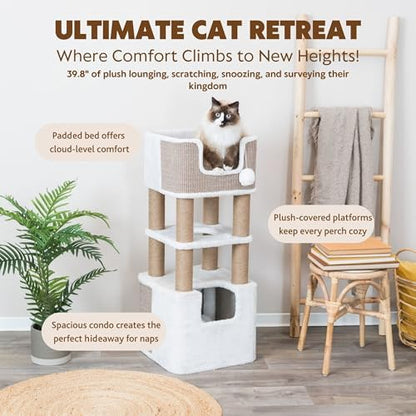 Trixie Lucano 39.8-in Cat Tree, Indoor Cat Furniture with Jute Scratching Posts, Sisal and Plush Covered Condo, Dangling Interactive Toys, Taupe