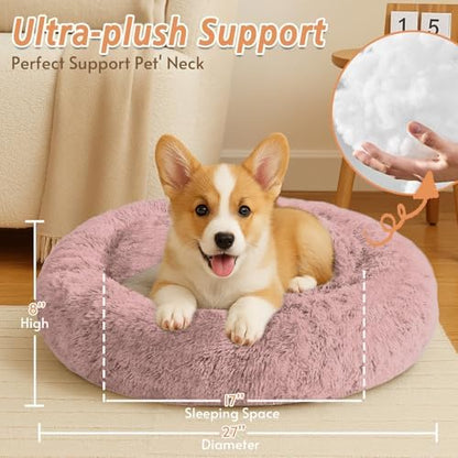 JOLLYVOGUE Calming Dog Bed Medium Size Dog, Anti-Anxiety Donut Medium Pet Bed, 27 inches Fluffy Faux Fur Round Cat Bed (Dark Pink)