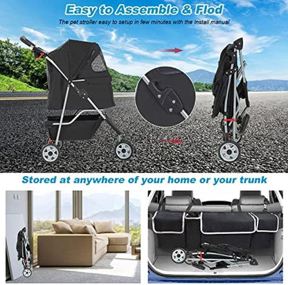 BestPet | 3-Wheel Foldable Pet Stroller | Black | Lightweight & Portable