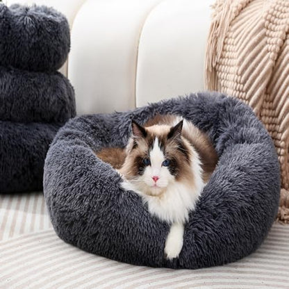 Cat Bed Small Dog Bed for Indoor Cats, Self-Warming Ultra-Soft Plush Calming Kitten Bed, Rabbit Pillow Pet Beds Non-Slip Machine Washable Dark Gray 17.5" Up to 10lbs