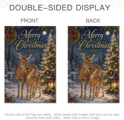 Merry Christmas Garden Flag 12x18 Inch Doe Fawn Lighted Tree Moonlit Forest Lantern Rustic Winter Outdoor Yard Lawn Front Porch Welcome Double Sided Banner Decor Gift