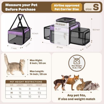 Top and 2 Sides Expandable Pet Carrier 17x11x9.5 TSA Airline Approved